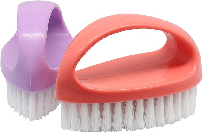 Hordion 2 Pack Hand Nail Brush, Heavy Duty Scrub Brush Nylon Stiff Bristles Small Cleaning Brush with Handle for Bathroom Showe Sink Kitchen Bathtub Floor(Purple, Pink)