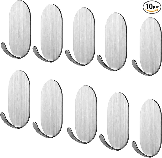 Sticky Adhesive Hooks 10 Pack Stainless Steel Stick Hooks for Hanging Towel Coat Bath Robe Key Loofah Metal Utility Hook for Kitchen Bathroom Shower