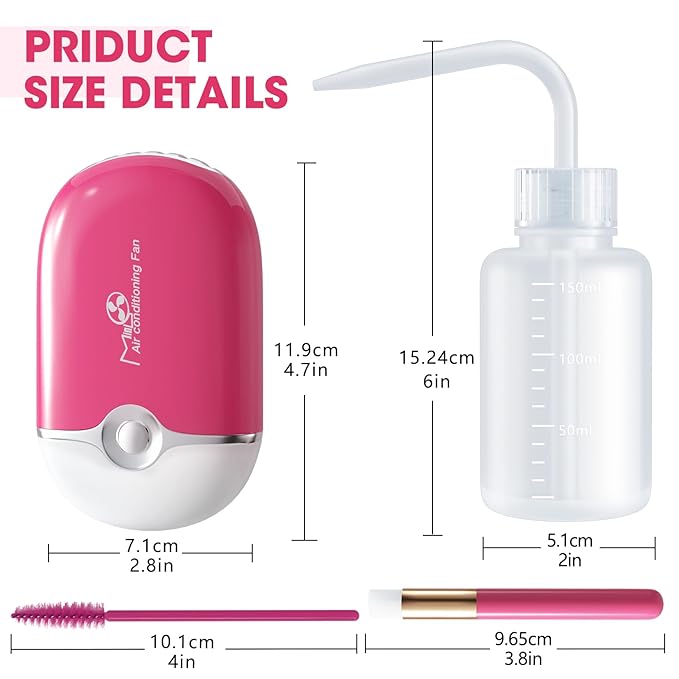Lash Eyelash Fan Kit - Mini Portable Fans with 50 Lash Shampoo Brush, 3 Nose Blackhead Facial Cleaning Brush, 1 Plastic Wash Bottle (ROSE)
