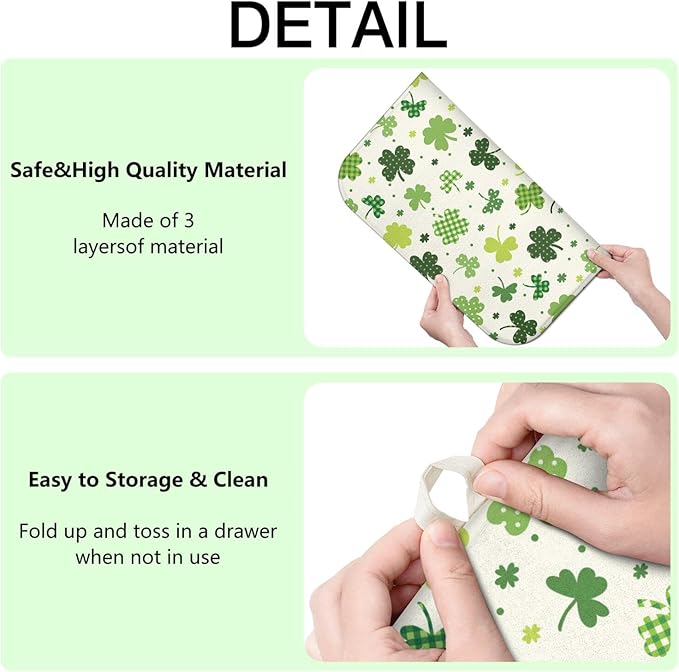 St. Patrick's Day Dish Drying Mat for Kitchen Counter, Green Four-Leaf Clover Microfiber Drain Mat, Shamrock Rug, Washable and Absorbent,18 x 24Inch