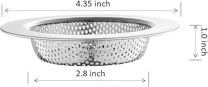 4 Pack Kitchen Sink Strainer. Outer Diameter 4.35 inch, Inner Filter Diameter 2.8 inch, 1 inch Depth. Stainless Steel Sink Drain Basket. Double-Layer Edge Safe Design, Sink Food Catcher