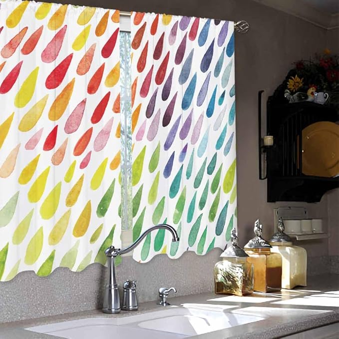 Rainbow Raindrops Kitchen Curtains Colorful Abstract Droplet Blob Brush Strokes Short Tier Curtains for Bathroom Cafe Small Window Drapes Treatment 2 Panels (27.5x39 Inch)