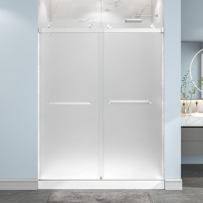 55"-60" W x 76" H Frameless Frosted Shower Door, Double Sliding Shower Door,5/16"(8mm) Tempered Glass,Sliding Shower Door with Explosion-Proof Film (Frosted Nickel 60" Wx76 H)