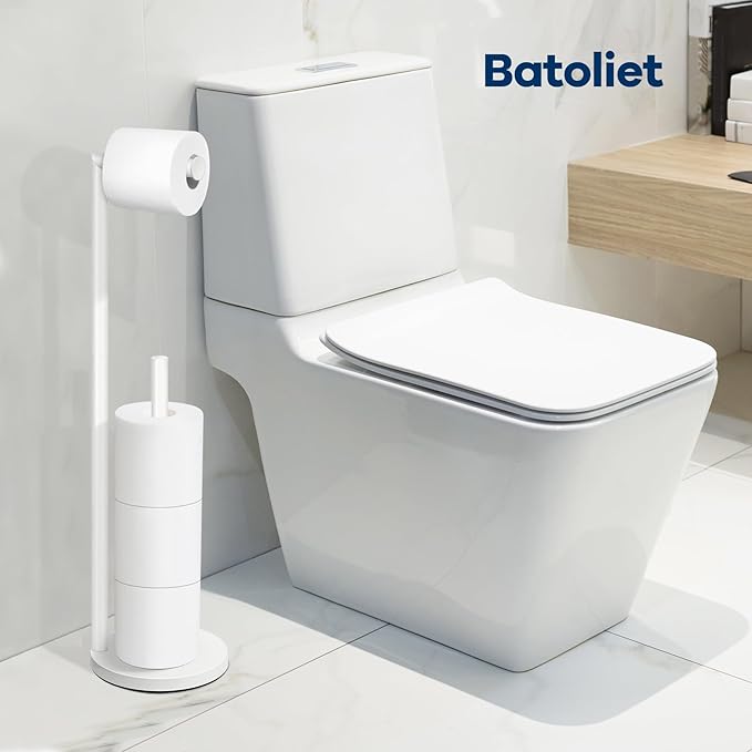 Toilet Paper Holder Stand,Toilet Paper Holder Free Standing,White Toilet Paper Roll Holder for 4 Rolls,Bathroom Toilet Paper with Storage