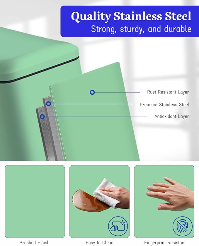 Bathroom Trash Can, 1.3 Gallon Small Trash Can with lid, Stainless Steel Garbage Can Soft Close Lid, Removable Liner Bucket, Step Pedal Waste Bin for Bathroom, Office, RV, Bedroom, Green