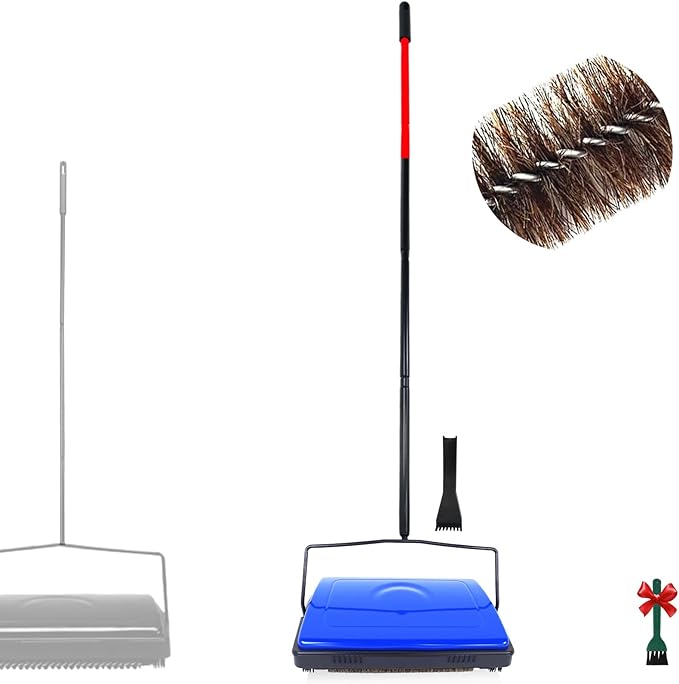EZ SPARES Horsehair Carpet Sweeper Cleaner for Home Office,5FT Pole for Tall People(1FT Longer Than General)-No More Bending-Horsehair Brush Soft on Hardwood Floors,Pet Hair Cleaner (Cobalt Blue)