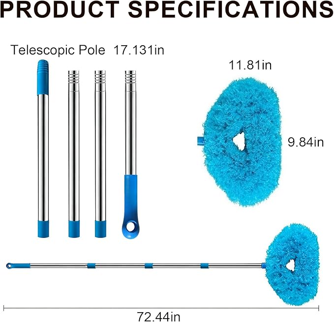 Ceiling Fan Cleaner Duster, Adjusts 16.3 to 62.6 Inch Cobweb Duster with Extension Pole, Fan Cleaning Brush, Fan Blade Cleaner, Suitable for Cleaning Walls, Window, Bookshelves, Door, Top (Blue)