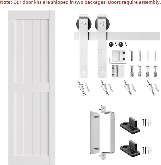 SmartStandard 24 x 84 inch White Sliding MDF Barn Door with 5FT Brushed Nickel Sliding Door Hardware Kit & Handle, Pre-Drilled Ready to Assemble, Waterproof PVC Coating, H-Frame