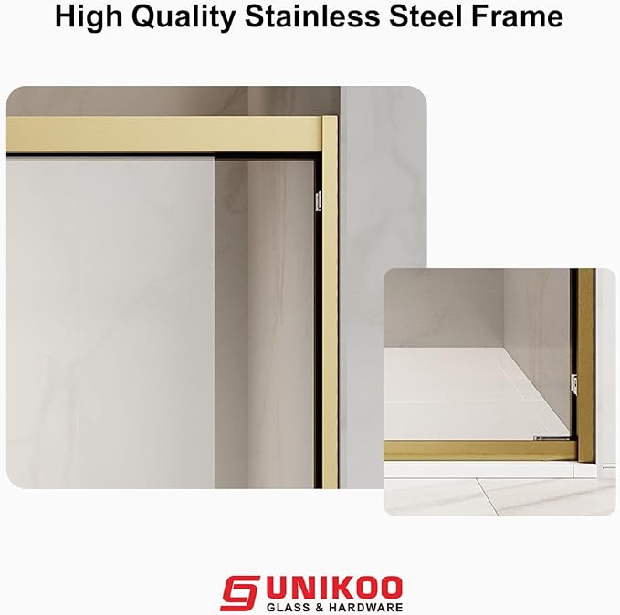 60" W x 72" H Double Sliding Frame Shower Door with 5/16" Clear Tempered Glass,Stainless Steel Roller Brackets,Waterproof Threshold Track,Easy-Cleaning Coating & Towel Bar/Knob, Satin Brass