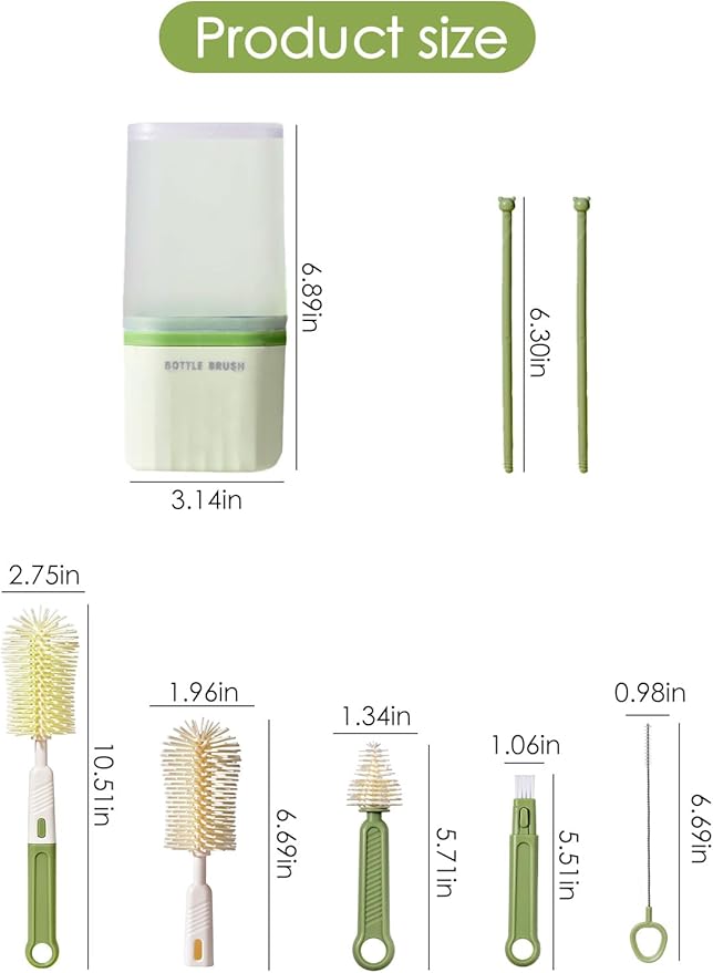 Baby Bottle Brush Set-Travel Bottle Cleaner Kit with Silicone Brush,Drying Rack,Nipple Brush,Straw Brush,Bottle Mouth Brush,Storage Box-6 in 1 Portable Bottle Washing Kit for Home and Travel