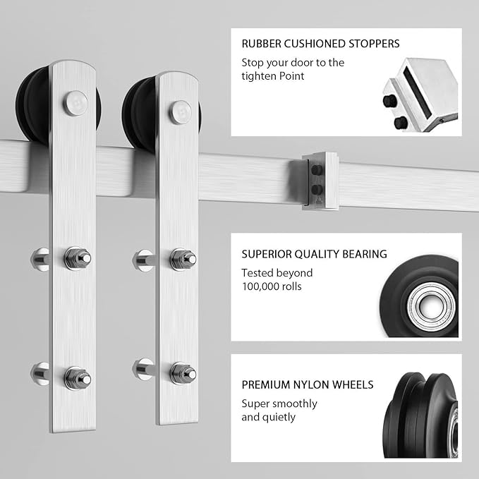 SMARTSTANDARD 8 Feet Brushed Nickel Sliding Barn Hardware Kit-Sturdy Silvery Track-Smoothly and Quietly-Simple and Easy to Install-Fit 48" Wide Door Panel (I Shape Hanger)