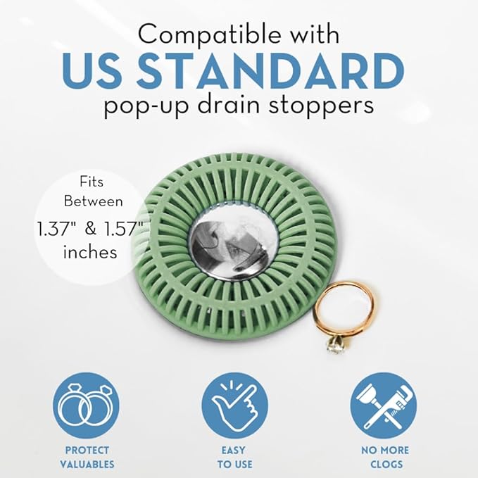 Bathroom Sink Hair Catcher for Pop-Up Drain – SinkRing 1.57" Precision Strainer for Bathroom Sink Drains | Clog-Free Hair Trap for Contacts, Earrings, Jewelry | No Suction or Screws – Sage Green