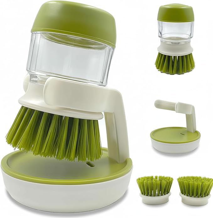 Good Grips Soap Dispensing Palm Brush, Dish Scrub Brush, Kitchen Brushes for Dishes, Kitchen Brush with Holder for Pot Pan Sink Cleaning (Green)