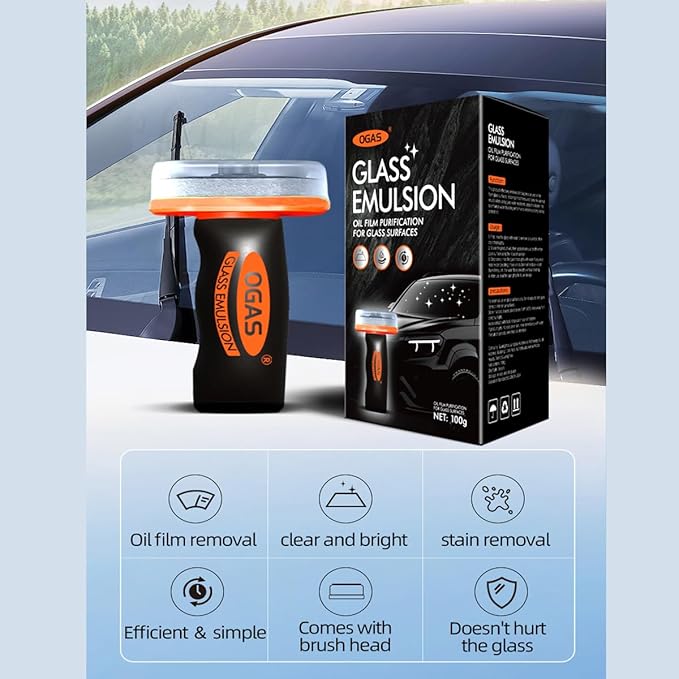 Glass Emulsion Cleaner,Glass Emulsion Oil Film Remover for Car Windshield, Automotive Window Cleaning Brush, 100g, 2 Pack