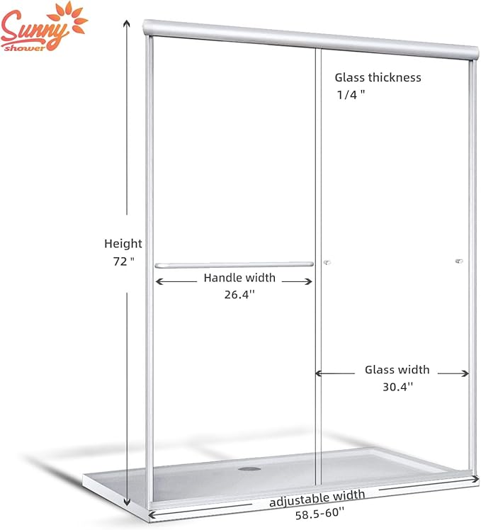 SUNNY SHOWER 60 in.W x 72 in.H Semi-Frameless Shower Door, DoubleSliding Glass Shower Door, 1/4" Clear Glass Shower Enclosure, Brushed Nickel Finish