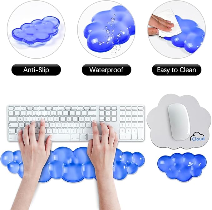 JIKIOU Clear Gel Wrist Rest for Keyboard and Mouse, Cool Silicone Mouse Wrist Rest Set, Cute Ergonomic Wrist Rest for Keyboard Typing Pain Relief, Suitable for Office Computer Laptop Gaming Blue