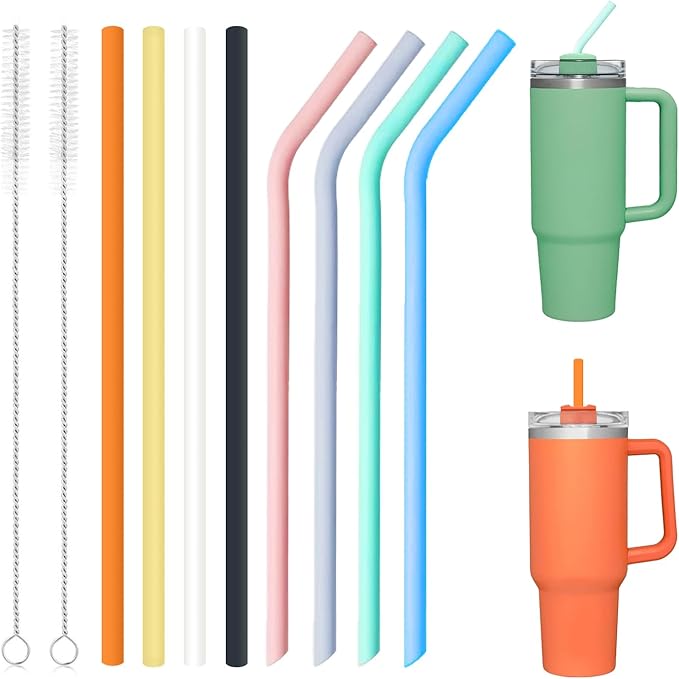 8 Pack Multicolor Silicone Stanley Straw Replacement 40 oz 30 oz,Reusable Long Straws with Cleaning Brush for Simple Modern Stanley Cup Accessories