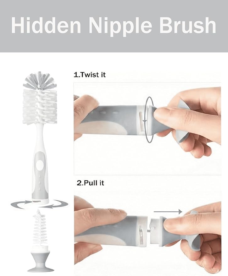 Baby Bottle Brush Set 4 in 1, Baby Bottle Cleaner, with 1P Nylon Bottle Brush, 1P Bottle Cap Brushes, 2P Straw Brushes, Bottle Brush with Nipple Cleaner and Suction Cup, BPA-Free(Grey)