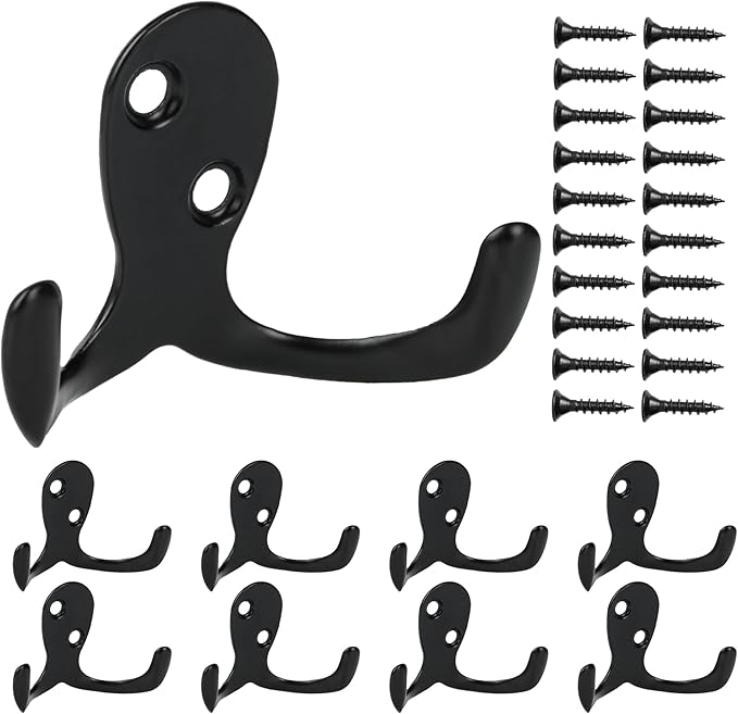 Aynoo 10 Pack Coat Hooks, Metal Wall Hooks Hardware, Heavy Duty Double Prong Wall Mounted,Black