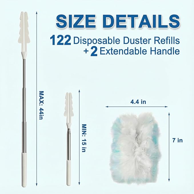 122 Count Heavy Duty Duster Refills with 2 Pack Extendable Handle, Disposable Duster Refills for Ceiling Fans, Blinds & Sofa, Compatible with Most Handles