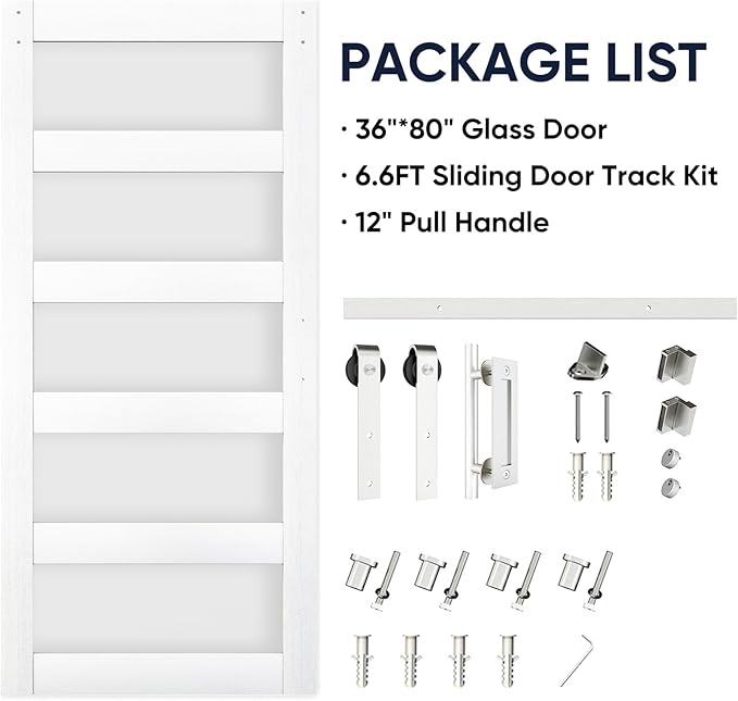 BARNSMITH 36in x 80in 5-Panel Glass Barn Door with 6.6FT Brushed Nickle Sliding Door Hardware Included & Handle, Frosted Glass Solid Wood Water-Proof PVC Surface,Pre-Drilled Easy Assembly,White