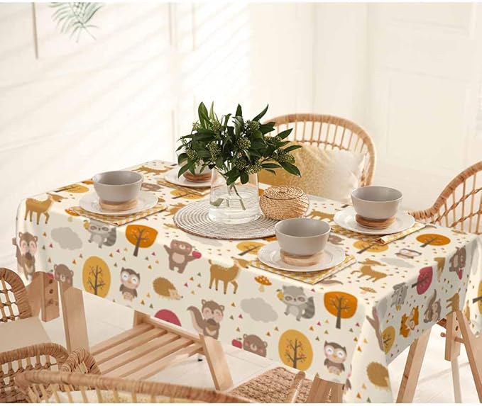 Cute Woodland Animals Table Cloth 52x70 Cartoon Rabbit Hedgehog Raccoon Autumn Tree Rectangular Tablecloth Polyester Washable Table Cover for Dining Kitchen Banquet Picnic Decorative