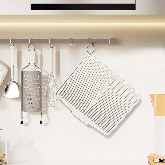 Silicone Dish Drying Mat for Kitchen Counter, Dish Drying Pad, Non-Slip Drain Pad with Built-in Drain, Heat Resistant Stone Drying Mat,Cream, 2pcs-XL