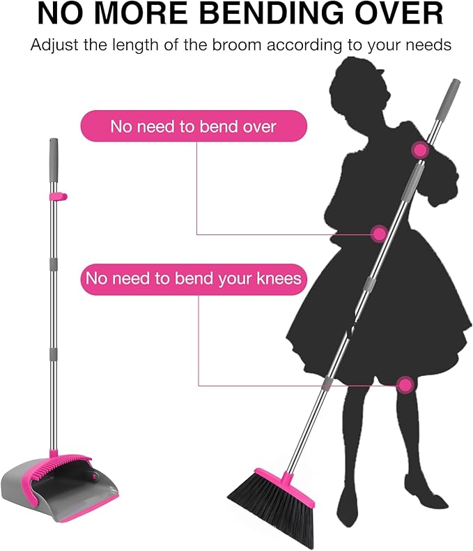 NACENA Broom and Dustpan Set, 52-in Long Adjustable Handle Broom Dustpan Combo with Dustpan Teeth to Automatically Clean Hair Suitable for Home Kitchen Office Hall Floor (Grey&Rose), 4 Pack