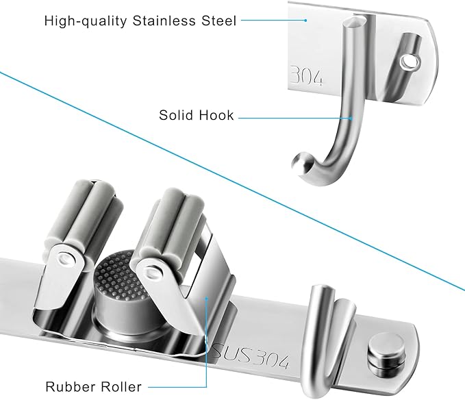 Mop and Broom Hanger Wall Mount, stainless steel Broom Hook Organizer Wall Mounted, Heavy Duty Mop Holder Storage Rack - 3 Racks 4 Hooks for hanging brooms and mops