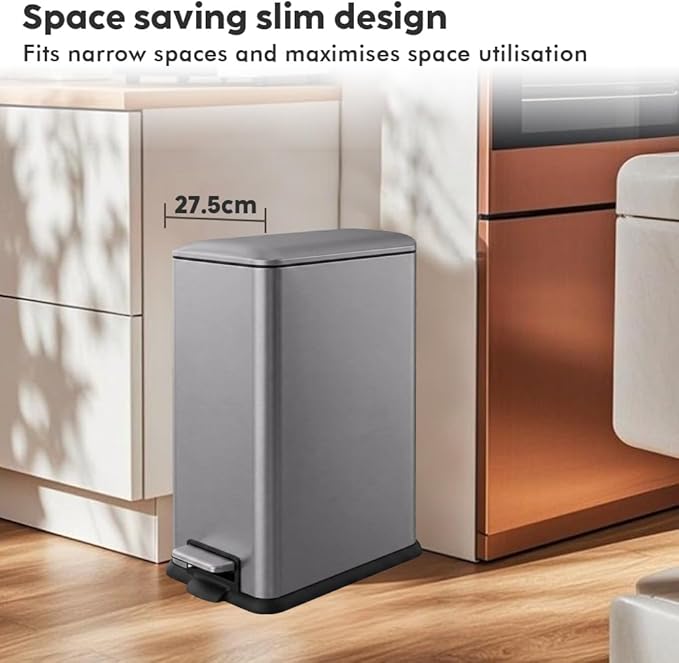 12 Gallon Slim Trash Can Kitchen, Stainless Steel Large Trash Can with Lid, Removal Inner Bucket, Pedal Kitchen Trash Can 45 Liter, Kohler Grey