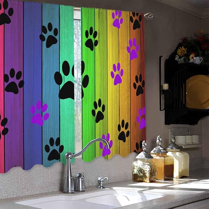 Dog Paws Kitchen Curtains Cute Puppy Paws Colorful Wood Board Short Tier Curtains for Bathroom Cafe Small Window Drapes Treatment 2 Panels (27.5x39 Inch)