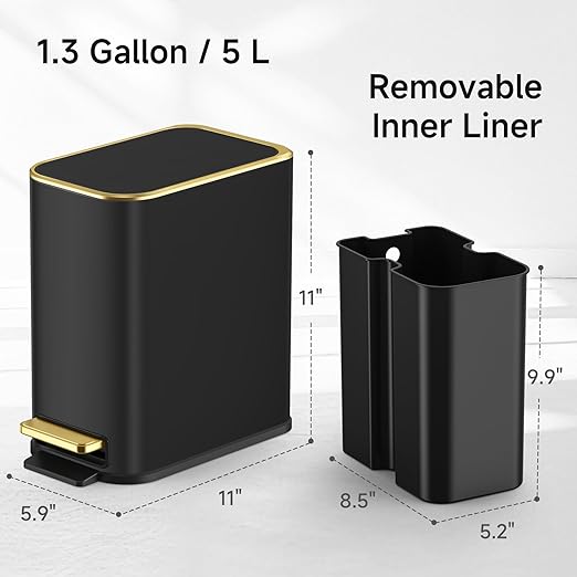TIPGO Small Bathroom Trash Can with Lid Soft Close, Step Pedal, 5 Liter / 1.3 Gallon Stainless Steel Trash Bin, Slim Garbage Cans for Toilet, Office, Bedroom (Black)