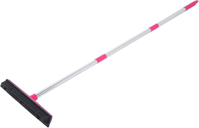 Pet Hair Remover, Carpet Rake for Pet Hair Removal, 2 in 1 Removal Tool of Rubber Broom and Squeegee for Floor, Length Adjustable Push Broom, Pet Dog and Cat Hair Remover (Pink)