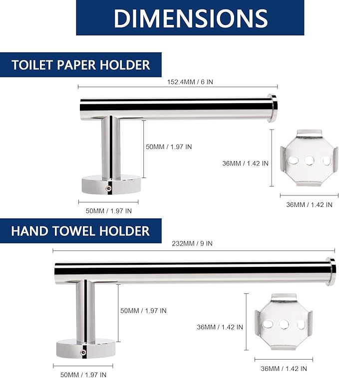 NearMoon Bath Toilet Paper Holder+ Hand Towel Holder, 2 Pieces Bathroom Hardware Set- Premium 304 Stainless Steel Toilet Roll Holder and Towel Rack Wall Mounted for Bathroom/Kitchen (Chrome Finish)