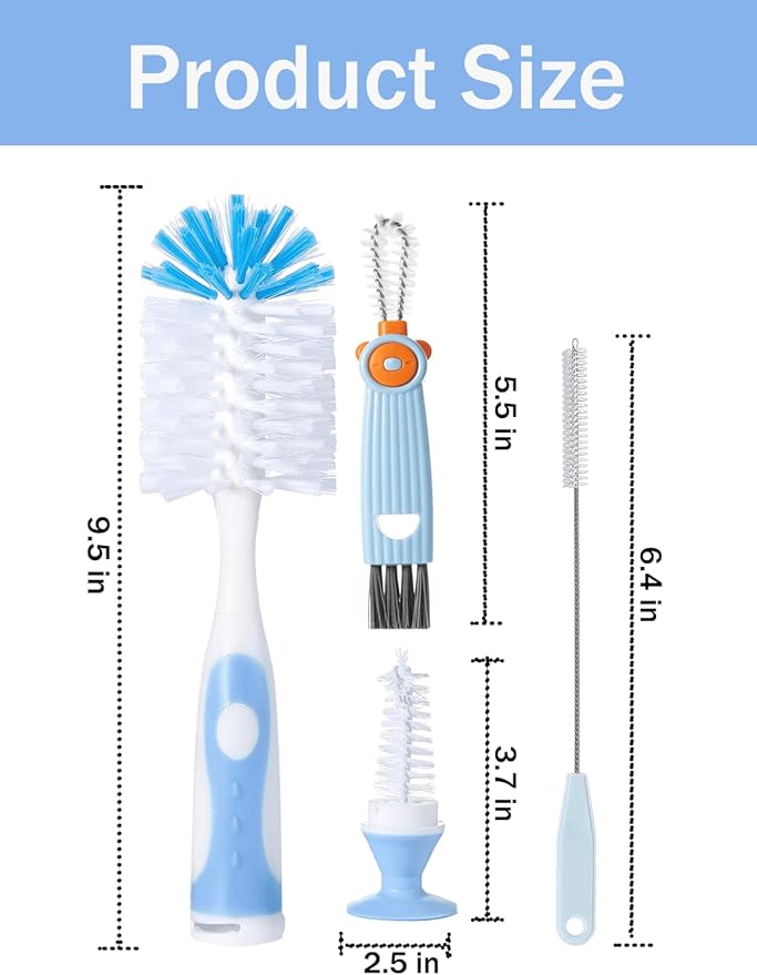 Baby Bottle Brush Set, Bottle Cleaner,2Pcs Bottle Brush with Stand, 2 Hidden Nipple Brush, 2 Straw Brush, 1 Lid Brush, Nylon Bottles Brush Cleaner for Baby Bottle, BPA-Free(Blue)