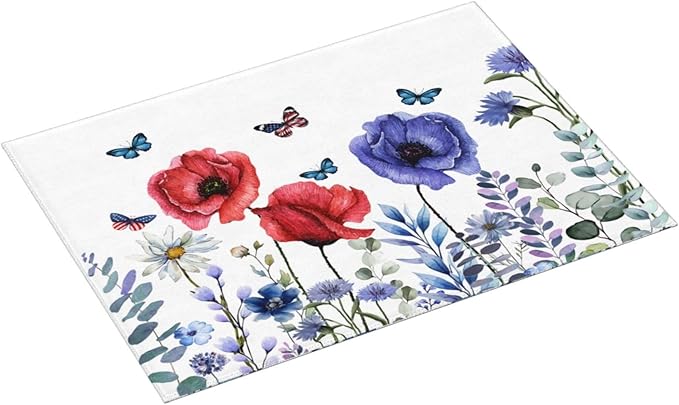 Independence Day Dish Drying Mat 18x24 For Kitchen Counter 4th Of July Blue Red Floral Kitchen Drying Mat Memorial Day Decorative patriotic Flower Drying Pad for Kitchen Decor,Dining Room