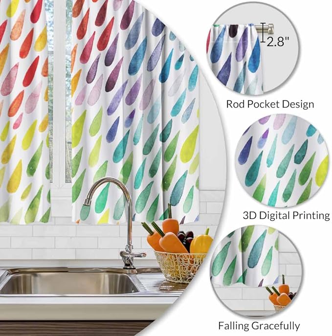 Rainbow Raindrops Kitchen Curtains Colorful Abstract Droplet Blob Brush Strokes Short Tier Curtains for Bathroom Cafe Small Window Drapes Treatment 2 Panels (27.5x39 Inch)