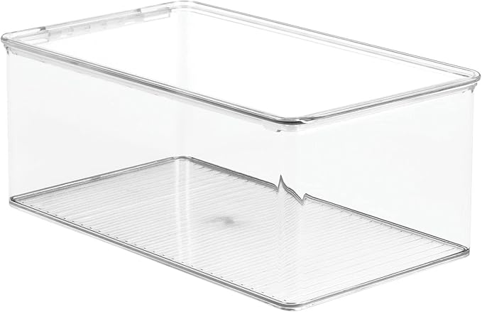 mDesign Plastic Stackable Home Office Storage Organizer Box with Hinge Lid - Holder Container Bin for Note Pads, Gel Pens, Staples, Dry Erase Markers, Tape, Supplies - Lumiere Collection - Clear
