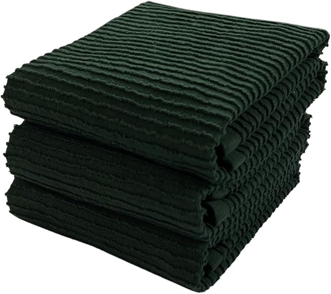 Serafina Home Dark Green Kitchen Hand Dish Towels: 100% Cotton Cloth Soft Cleaning Drying Absorbent Ribbed Terry Loop, Set of 3 Multipurpose for Everyday Use Oversized 18" x 28"