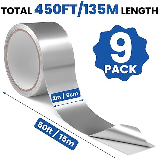 9 Pack Aluminum Foil Tape, 3.9 mil 2" x 450 Feet Total Silver High Temperature Tape, Metal Tape, Insulation Foil Tape for Ductwork, HVAC, Dryer Vent, Seal