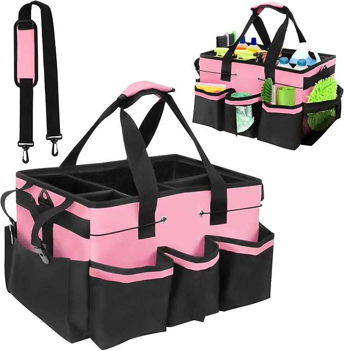 Wearable Cleaning Caddy Organizer with Handle & Shoulder Straps for Cleaners, 5 Compartments, Housekeeping Tote for Kitchen & Bathroom, Car Tool Caddy Organizer Bag (pink)