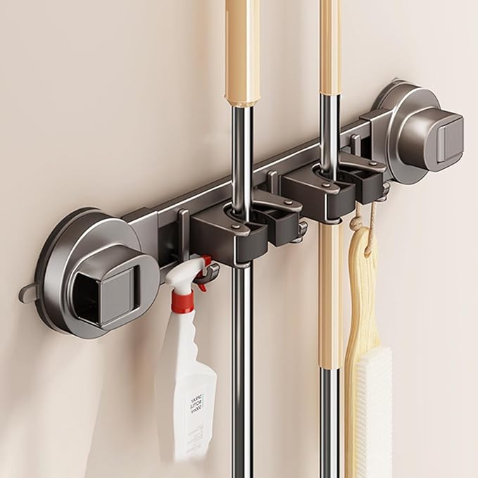 Wall-mounted Mop Holder for Bathrooms, Storage Rack Suitable for Bathrooms, Kitchens, Garages, Gardens, and Laundry Rooms (4 Clips & 5 Hooks/23.9in)