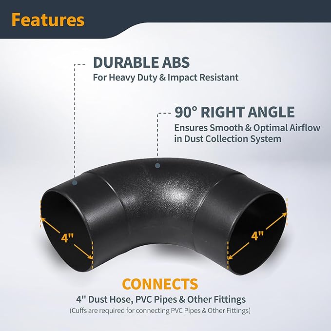 POWERTEC 70105 4" Elbow Dust Hose Connector, Black, 4", 90 Degree Elbow