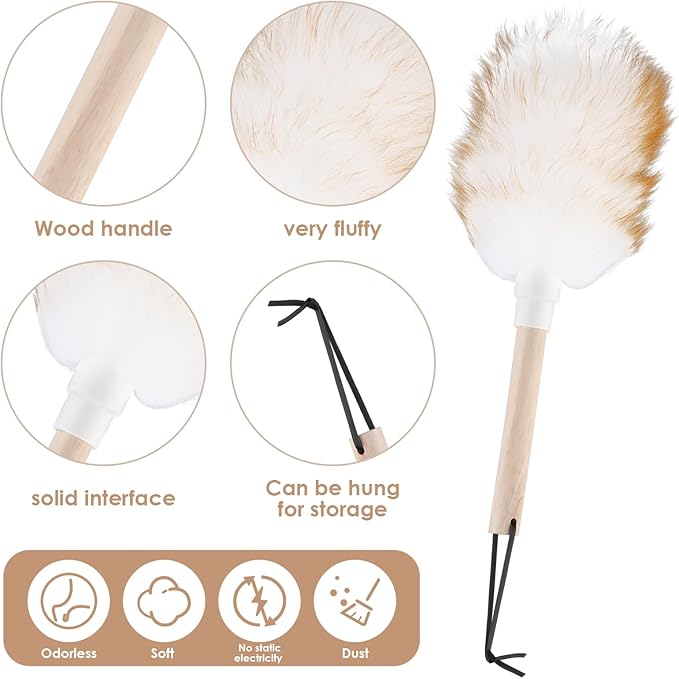 Lambswool Duster Solid Wooden Handle Lamb Wool Duster Feather Dusters for Cleaning Ceiling Fan Window Blinds Furniture Figurines Car, 13 in
