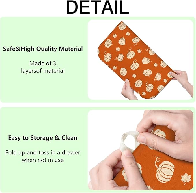 Fall Dish Drying Mat for Kitchen Counter,Orange Autumn Pumpkin Maple Leaf Pattern Microfiber Drying Mat,Washable Absorbent Countertop Harvest Thanksgiving Dish Mat Drain Mat,16x18 Inch