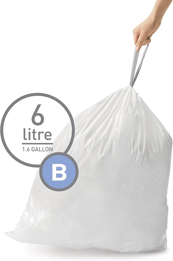 simplehuman Code B 90 Count, Dispenser Pack Custom Fit Liners, Drawstring Trash Bags, 6 Liter / 1.6 Gallon, White