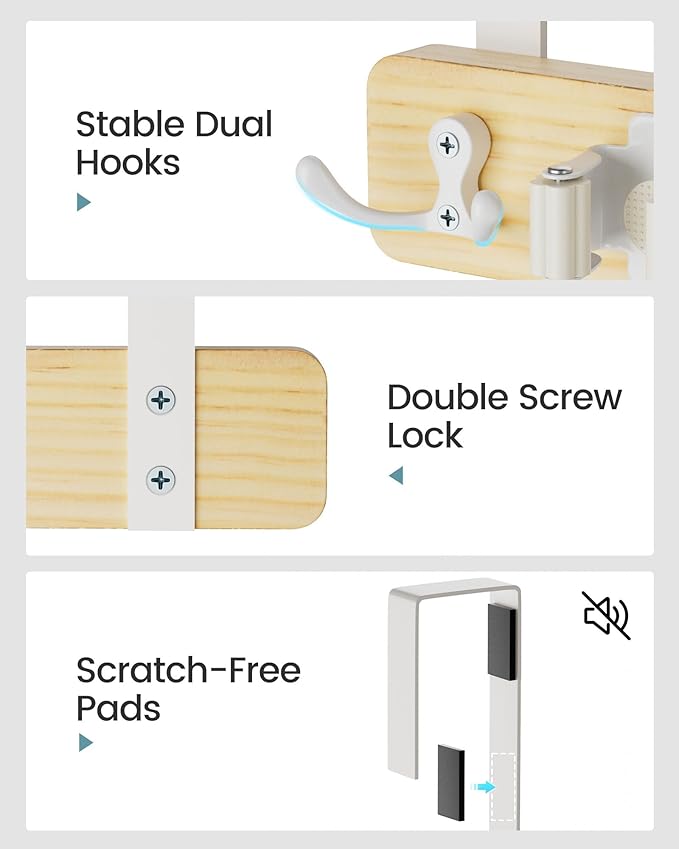 HULISEN Broom Holder Door Mount, Over the Door Broom and Mop Holder with 0.6" Thick Pads, Wood Mop Organizer Tool Hanger with 4 Racks & 2 Hooks for Laundry Cabinet Kitchen Garage, No Drills
