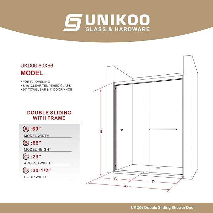 60" W x 66" H Double Sliding Frame Bathtub Door with 5/16" Clear Tempered Glass,Stainless Steel Roller Brackets,Waterproof Threshold Track,Easy-Cleaning Coating & Towel Bar/Knob, Matte Black