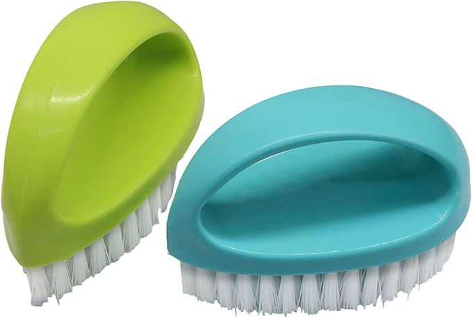 Hordion 2 Pack Hand Nail Brush, Heavy Duty Scrub Brush Nylon Stiff Bristles Small Cleaning Brush with Handle for Bathroom Showe Sink Kitchen Bathtub Floor(Green, Blue)