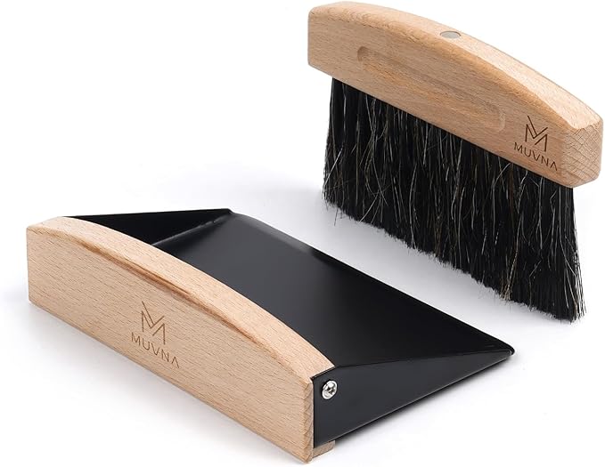 Coffee Dust Pan and Brush Set - Mini Hand Broom and Dustpan Set, Magnetic Natural Horsehair Espresso Brush, FAS Birch Wood Barista Tools for Tamping Station & Coffee Bar Countertop, Black